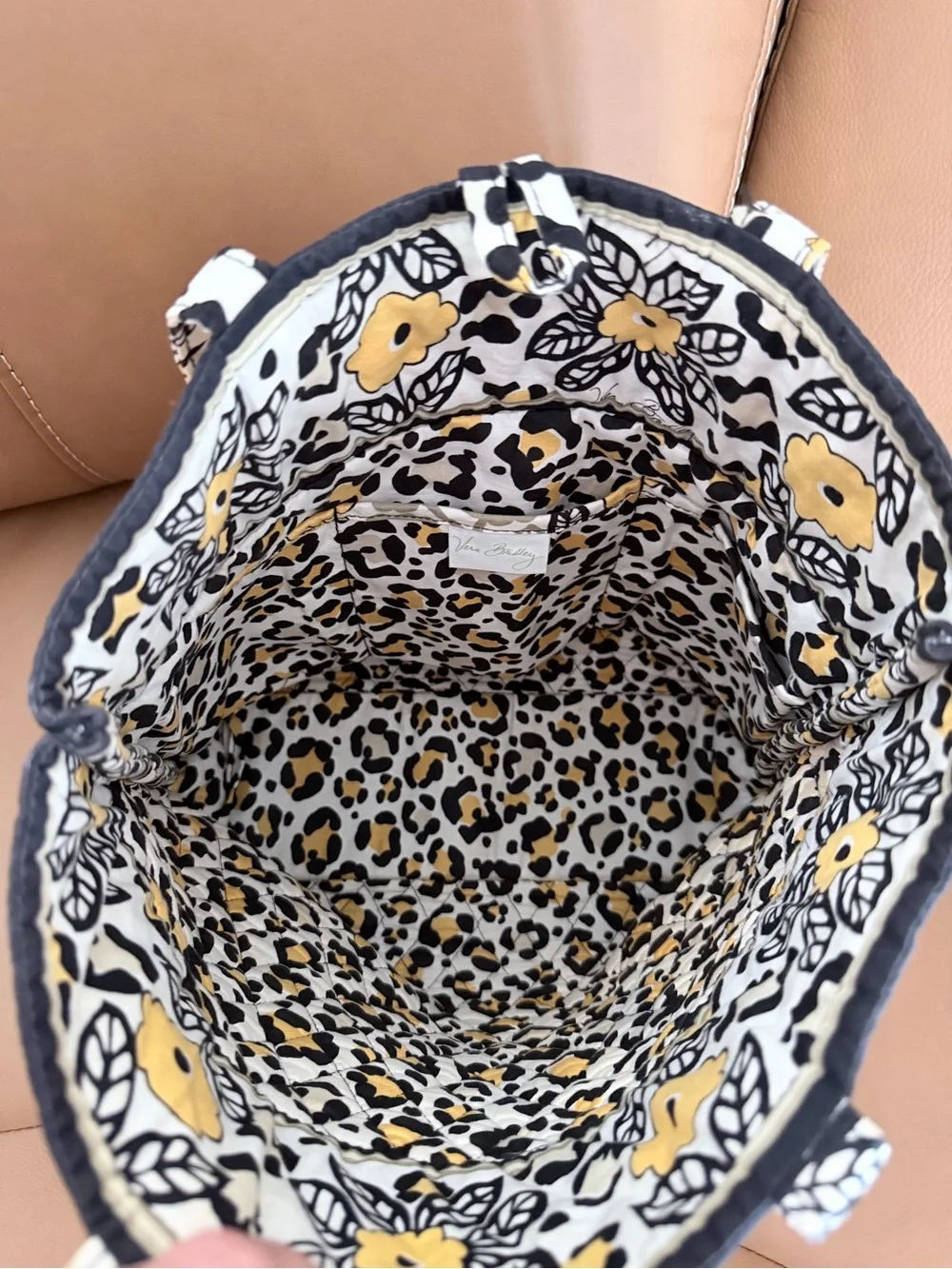 Vera Bradley Yellow and Black Quilted Floral Tote Interior Pocket 12” H x 11” W